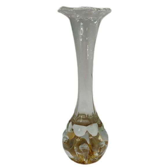 Signed Joe St Clair Bud Vase Glass Controlled Bubble Tan Floral Paperweight Vtg - Picture 1 of 5
